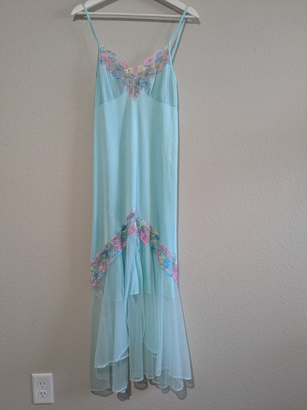 Vintage Frederick's Of Hollywood Light Blue Slip Dress Pastel Flower Lace Trim M